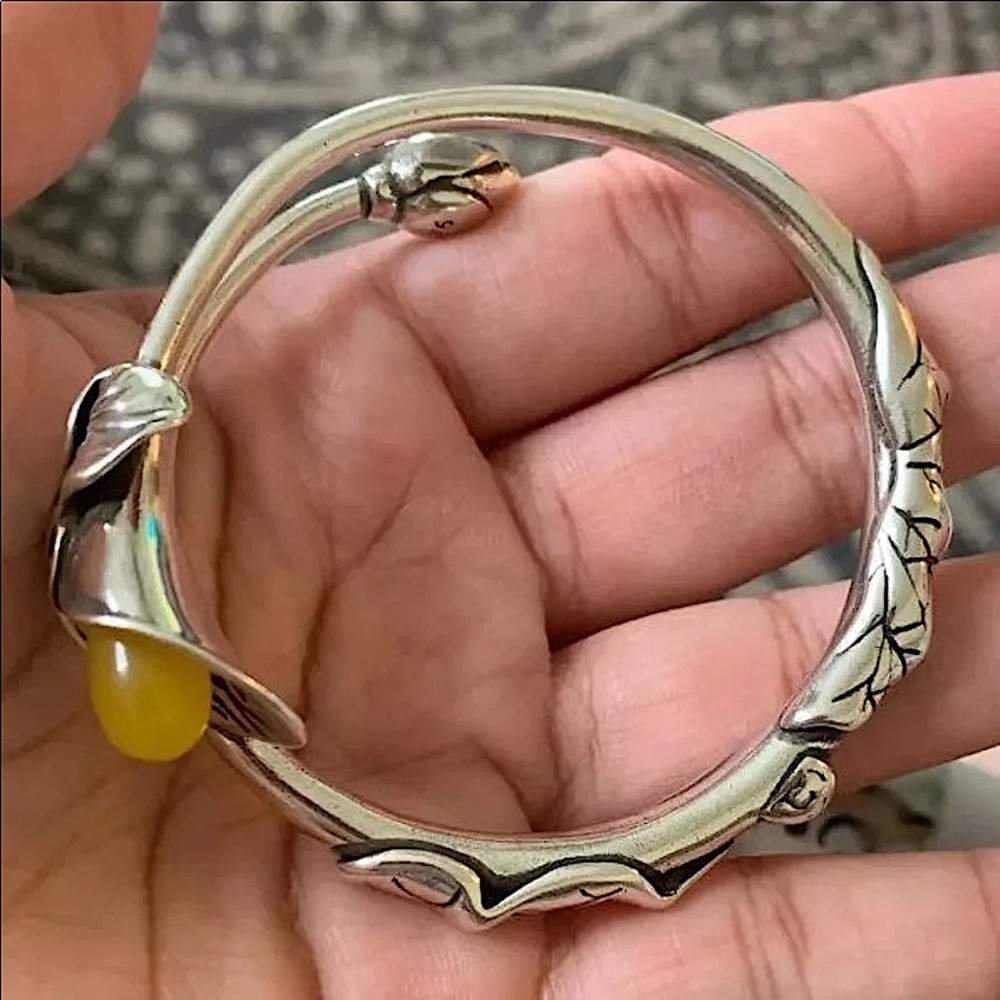 STERLING SILVER HANDMADE VINTAGE JADE FLOWER BANGLE BRACELET - Picture 9 of 13